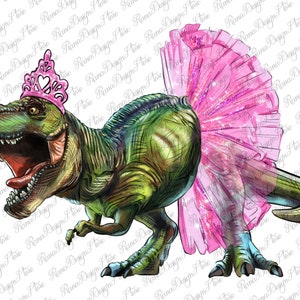 May include: A green dinosaur wearing a pink tutu and a pink crown. The dinosaur is standing on a white background.