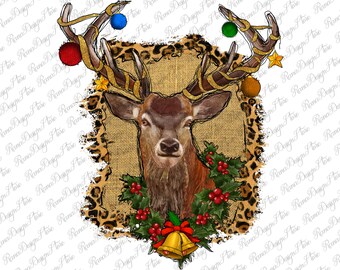 May include: A digital illustration of a deer with decorated antlers. The antlers are adorned with gold garland, ornaments, and stars. A holly wreath and bells are at the base. The background features a leopard print border.