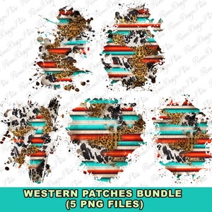 May include: Five digital graphic design elements featuring a western-themed pattern of red, white, and turquoise stripes with leopard print and cowhide accents. The design elements are in a distressed, paint-splattered style.  WESTERN PATCHES BUNDLE (5 PNG FILES)