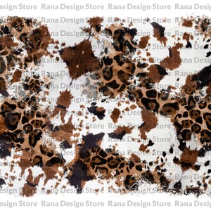 Pode incluir: Impressão digital abstrata com um padrão de estampa de leopardo marrom e preto sobre um fundo branco. O padrão está desgastado e desbotado, o que lhe confere um visual vintage.