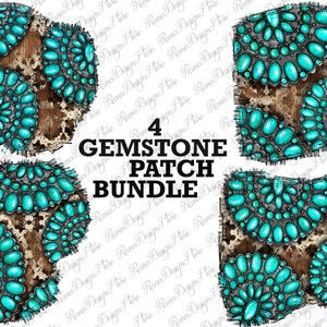 May include: Four digital scrapbook paper designs featuring turquoise gemstones on a brown and white cowhide background. The designs are perfect for crafting projects, scrapbooking, and digital design.