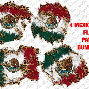 Może przedstawiać: Cztery projekty cyfrowe przedstawiające flagę meksykańską na tle wzoru lamparta. Flaga jest zużyta i ma efekt rozprysku farby. Tekst "4 MEXICAN FLAG PATCH BUNDLE" znajduje się na obrazku.