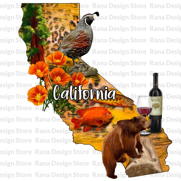 California State Symbols Map Sublimation Design, California Map Png, Grizzly Bear,California Poppy,California Quail,Redwood,Digital Download