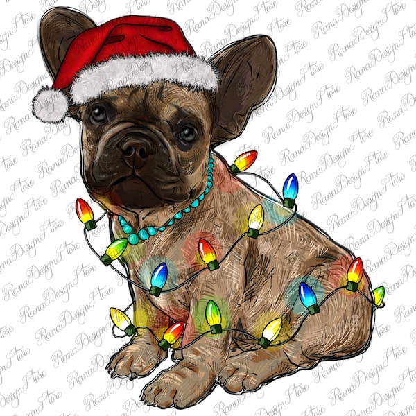French Bulldog with Christmas lights png sublimation design download, Christmas png, Christmas Bulldog png, sublimate designs download