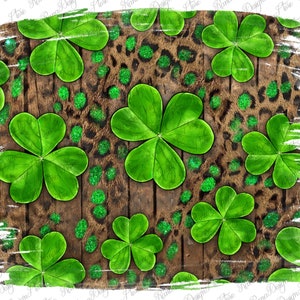 May include: A digital seamless pattern featuring green four-leaf clovers on a brown woodgrain background with a leopard print overlay. The clovers have a glitter effect.