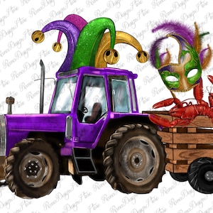 Pu&ograve; includere: Un trattore viola che tira un carro di legno con un gambero rosso al suo interno. Il trattore ha un cappello da giullare verde, viola e oro in cima. Il gambero tiene una maschera dorata e verde di Mardi Gras.