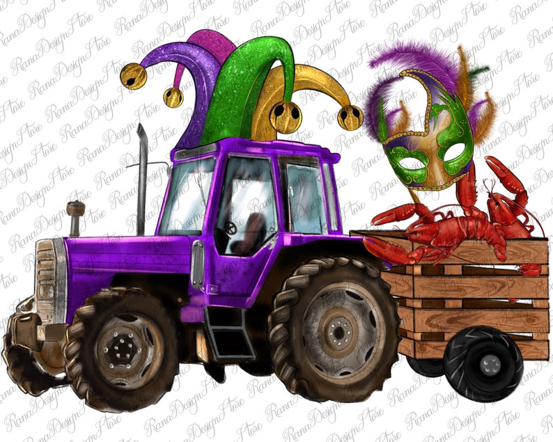 Pu&ograve; includere: Un trattore viola che tira un carro di legno con un gambero rosso al suo interno. Il trattore ha un cappello da giullare verde, viola e oro in cima. Il gambero tiene una maschera dorata e verde di Mardi Gras.