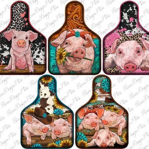 May include: Set of four pink pig ear tags with different backgrounds. The backgrounds include a cowhide pattern, a leopard print, a turquoise and sunflower pattern, and a rustic wood pattern.