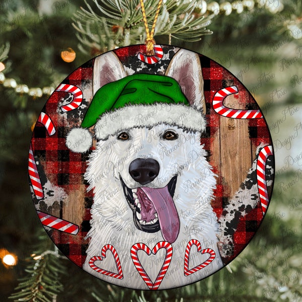 Christmas White Shepherd With Buffalo Plaid Ornament Png, White Shepherd Sublimation, Western Christmas Ornament,Round Christmas Ornament,