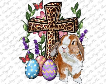 Easter Bunny And Floral Cross Png Sublimation Design, Easter Sublimation Png, Easter Leopard Cross Png, Floral Cross Png, Digital Download