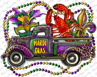Mardi Gras Truck With Mask Fleur De Lis And Crawfish Png Sublimation Design, Mardi Gras Png, Mardi Gras Truck Png, Mask Png,Digital Download