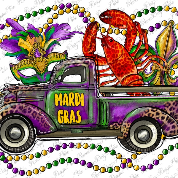 Mardi Gras Truck With Mask Fleur De Lis And Crawfish Png Sublimation Design, Mardi Gras Png, Mardi Gras Truck Png, Mask Png,Digital Download