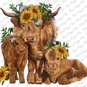 May include: A brown Highland cow with a floral crown of sunflowers and white flowers, standing with two calves. The mother cow is looking at the camera, while the calves are looking to the side. The background is a white pattern.
