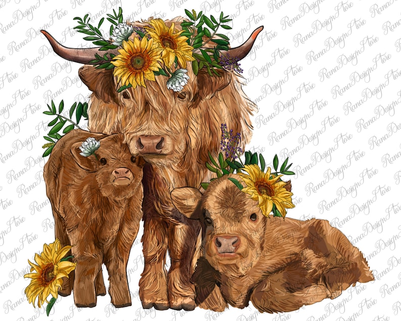 May include: A brown Highland cow with a floral crown of sunflowers and white flowers, standing with two calves. The mother cow is looking at the camera, while the calves are looking to the side. The background is a white pattern.
