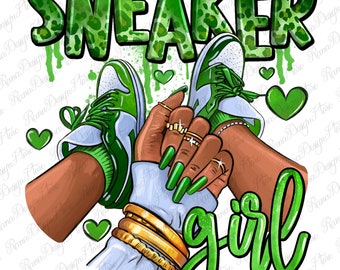Green sneaker girl afro woman png sublimation design download,sneaker life png,black woman png, sneaker girl png, sublimate designs download