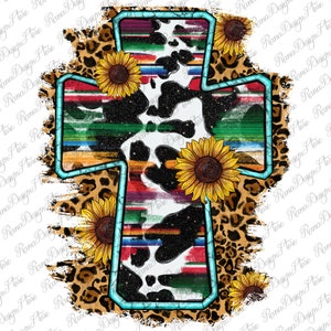 May include: A turquoise blue cross with a cow print and colorful stripes. The cross is surrounded by a leopard print background with sunflowers.