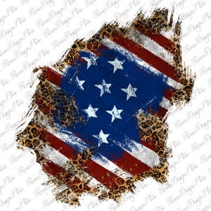 May include: A distressed American flag with a leopard print background. The flag is painted in red, white, and blue with a grunge effect. The stars are white and the stripes are red and white.
