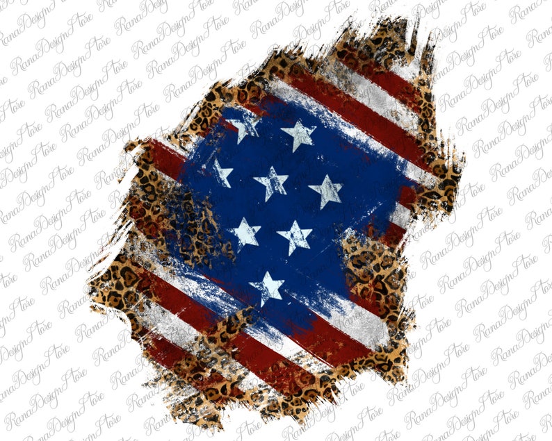 May include: A distressed American flag with a leopard print background. The flag is painted in red, white, and blue with a grunge effect. The stars are white and the stripes are red and white.