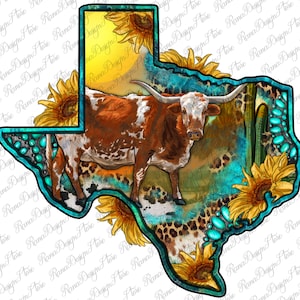 Western Texas Karte mit Longhorn Bull Png,Rindsleder Texas Karte,Sonnenblume Texas Karte,Western Texas Png,Sublimate Design,Digital Download,Png Datei