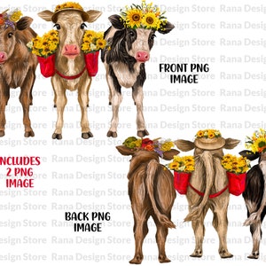 Puede incluir: Tres vacas de dibujos animados con coronas de flores y llevando cestas de girasoles. Las vacas están mirando hacia adelante y hacia atrás. La imagen incluye dos versiones de la imagen, una con las vacas mirando hacia adelante y otra con las vacas mirando hacia atrás.