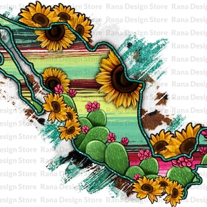 Mapa de Cactus de Girasol de México, Mapa de México Png, Mapa de los Estados de México,Mapa de México de México,Girasol de México,Serape México,Mapa del Oeste de México,Descarga Digital