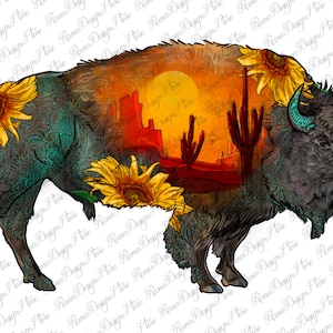 Design de sublimação Sunflower Bison Png, Western Bison Png, Bison Body Png, Desert Sunset Bison Png, Sunflower Bison Png, Download instantâneo