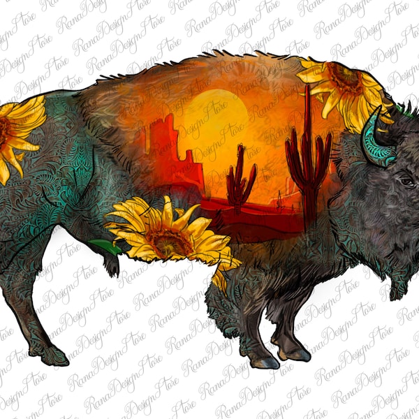 Girasole Bison Png Design di sublimazione, Bisonte occidentale Png, Bison Body Png, Desert Sunset Bison Png, Sunflower Bison Png, Download istantaneo