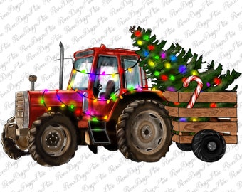 Può includere: Un trattore rosso con un carro di legno che trasporta un albero di Natale decorato. Il trattore è adornato con luci natalizie colorate e l'albero è decorato con ornamenti e luci. Una canna di zucchero è appoggiata all'albero.