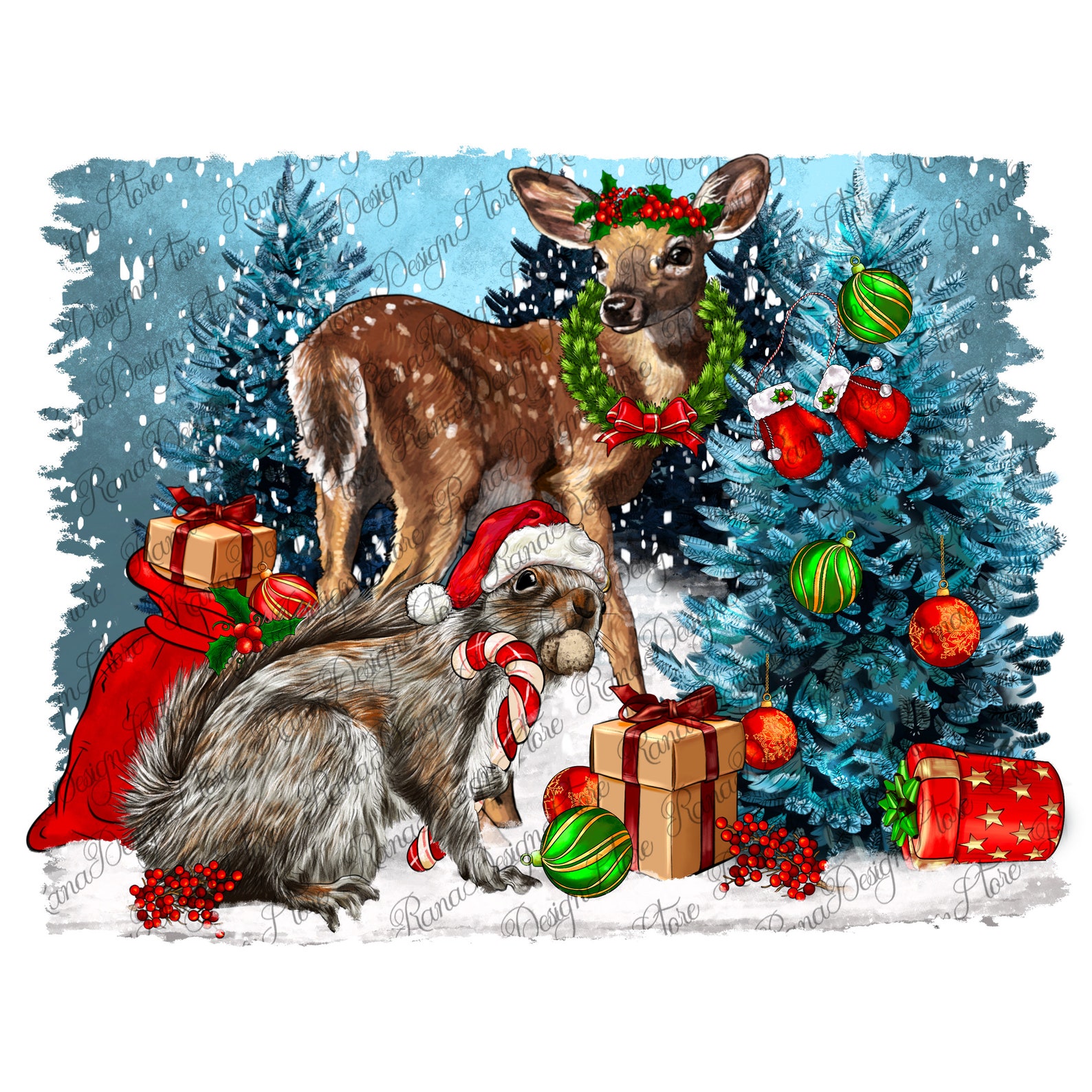 Baby Deer and Gray Squirrel Christmas Png Sublimation Design Download
