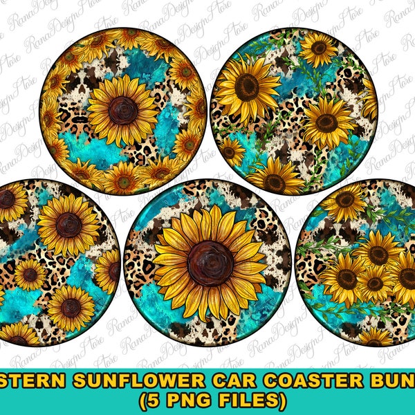 Western sunflower car coaster png sublimation design bundle, western car coaster png, sunflower car coaster png, sublimate designs download