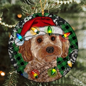 Cockapoo Santa Hat And Christmas Tree Ornament Png, Western Christmas Ornament, Round Christmas Ornament,Christmas Ornament Sublimation Png