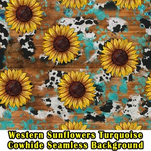 Pode incluir: Um padrão sem costura que apresenta girassóis amarelos com centros marrons sobre um fundo de madeira rústica com acentos de couro de vaca turquesa e branco.  Western Sunflowers Turquoise Cowhide Seamless Background.