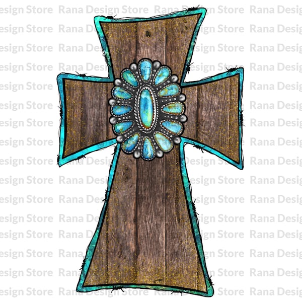 Wood Turquoise Gemstone Cross PNG, Western Gemstone, Sublimation Design Downloads, Digital Download, Instant Download