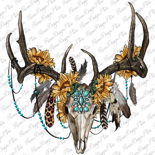 Boho Deer Skull Sunflowers And Gemstone Png Sublimation Design,Boho Deer Png,Whitetail Buck Png,Buck Antlers,Western Buck Skull Png Download