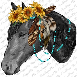 May include: A black horse head with a sunflower crown, turquoise beads, and brown feathers. The horse has a white background.
