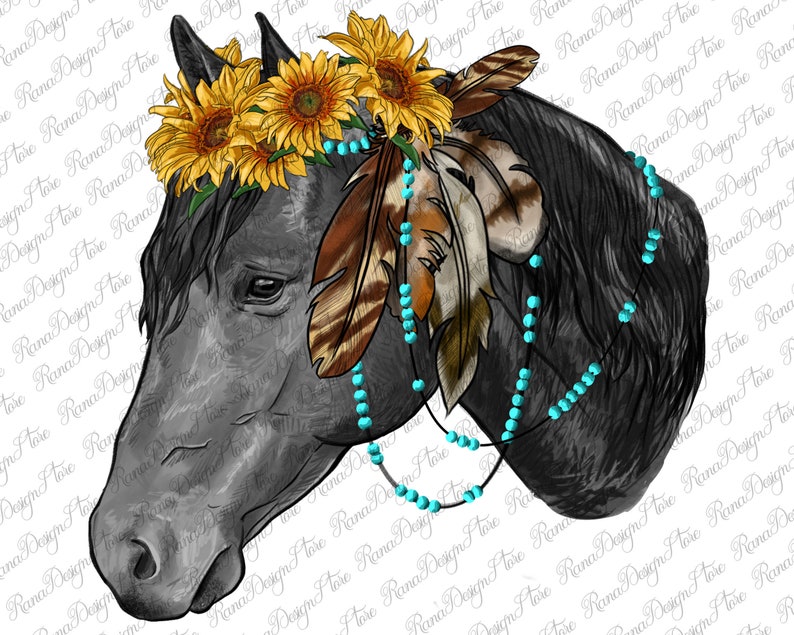 May include: A black horse head with a sunflower crown, turquoise beads, and brown feathers. The horse has a white background.