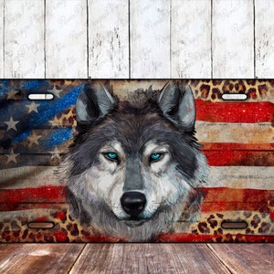 Wolf With American Flag And Leopard License Plate Sublimation Design,Wolf License Plate Sublimation, American Flag License Plate Design