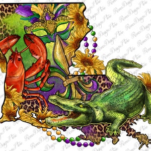 Carte de la Louisiane avec Mardi Gras Crocodile Png, Louisiane Mardi State Map Png, bal masqué Png, Mardi Gras Crocodile Png, téléchargement immédiat
