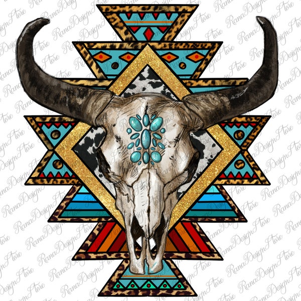 Aztec Bull Skull PNG Sublimation Design, Gemstone Bull Skull, Aztec Bull Skull Png, Bull Skull Png, Western Bull Skull Png, Instant Download