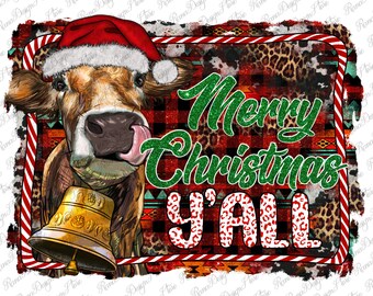 Merry Christmas Y'all Distressed Background Design, Christmas Cow Png, Christmas Cow Png, Western Cow Png, Cow Png, Santa Cow Png Downloads