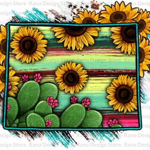 Carte du Wyoming png, Tournesol et cactus Conception de la carte du Wyoming, Carte du Wyoming, Tournesol Wyoming, Serape Wyoming, Western Wyoming, Conception de sublimation