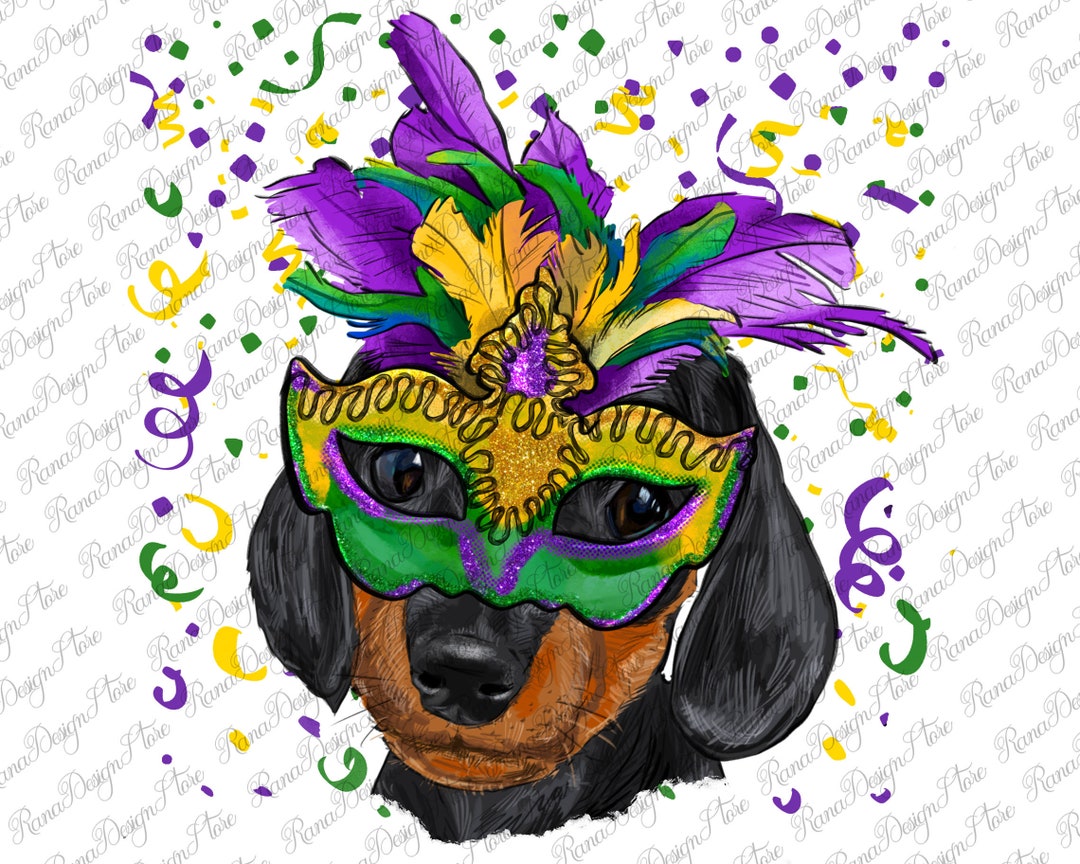 Mardi Gras Dachshund Puppy With Mask Sublimation Design,mardi Gras