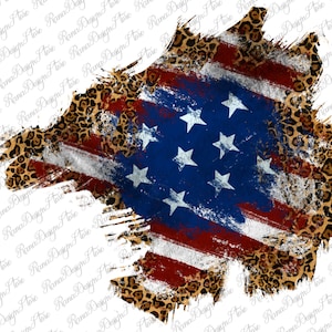 May include: A distressed American flag design with a leopard print background. The flag is faded and has a grunge effect. The leopard print is in shades of brown, black, and tan.