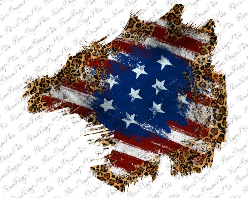 May include: A distressed American flag design with a leopard print background. The flag is faded and has a grunge effect. The leopard print is in shades of brown, black, and tan.