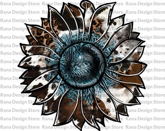 Cowhide Leopard And Tooled Leather Sunflower Png,Cowhide Sunflower,Design For Sublimation Print,Sublimation Design,Digital Download,Png File
