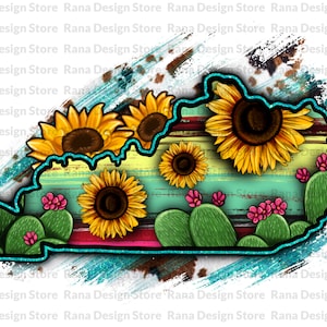 Mapa de Kentucky Png, Diseño de mapas de girasol y cactus de Kentucky, Mapa de Kentucky, Girasol de Kentucky, Serape, Oeste de Kentucky, Diseño de sublimación