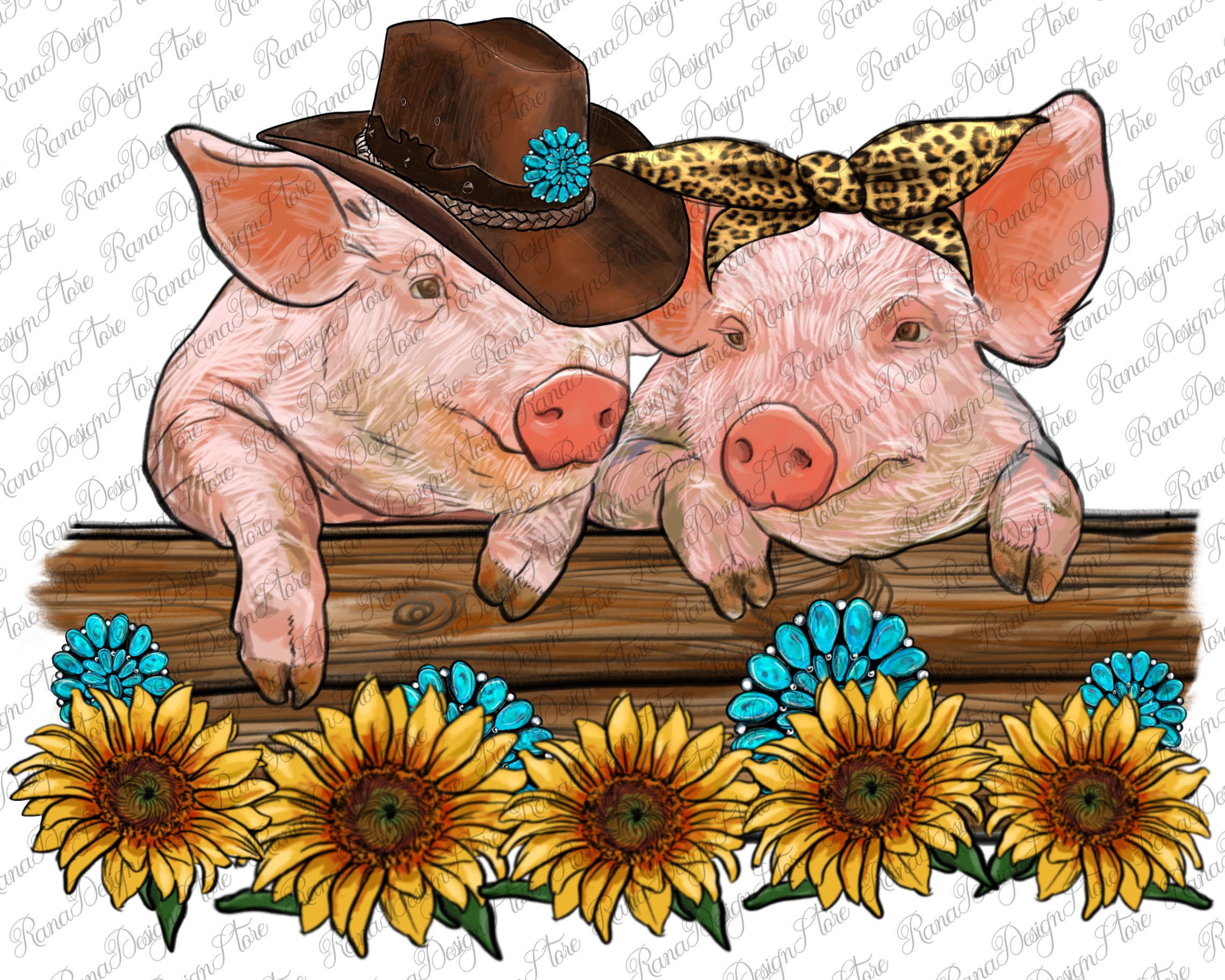Western Tournesol Turquoise Pig Sublimation Design, Tournesol Png, Pig Png, Western Pig Png, Tournesol Pig Png, Turquoise Png, Téléchargement instanta