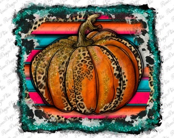 May include: A bright orange pumpkin with a leopard print design and gold glitter accents. The pumpkin is set against a colorful striped background with turquoise, pink, and orange stripes.