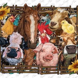 May include: A digital illustration of a farmyard scene featuring a brown horse, a brown and white cow, a black and white cow, a pink pig, a brown goat, a yellow chick, a red rooster, and two yellow sunflowers. The animals are all looking at the viewer. The background is a brown wooden fence with a blue and brown leopard print pattern.