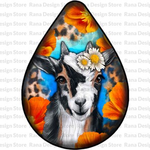 May include: A watercolor illustration of a goat with black and white markings wearing a flower crown. The goat is surrounded by orange and yellow flowers and a leopard print pattern.